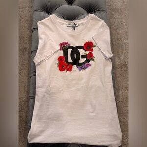 Dolce & Gabbana White Tee with Black Logo and Red & Pink Floral Print